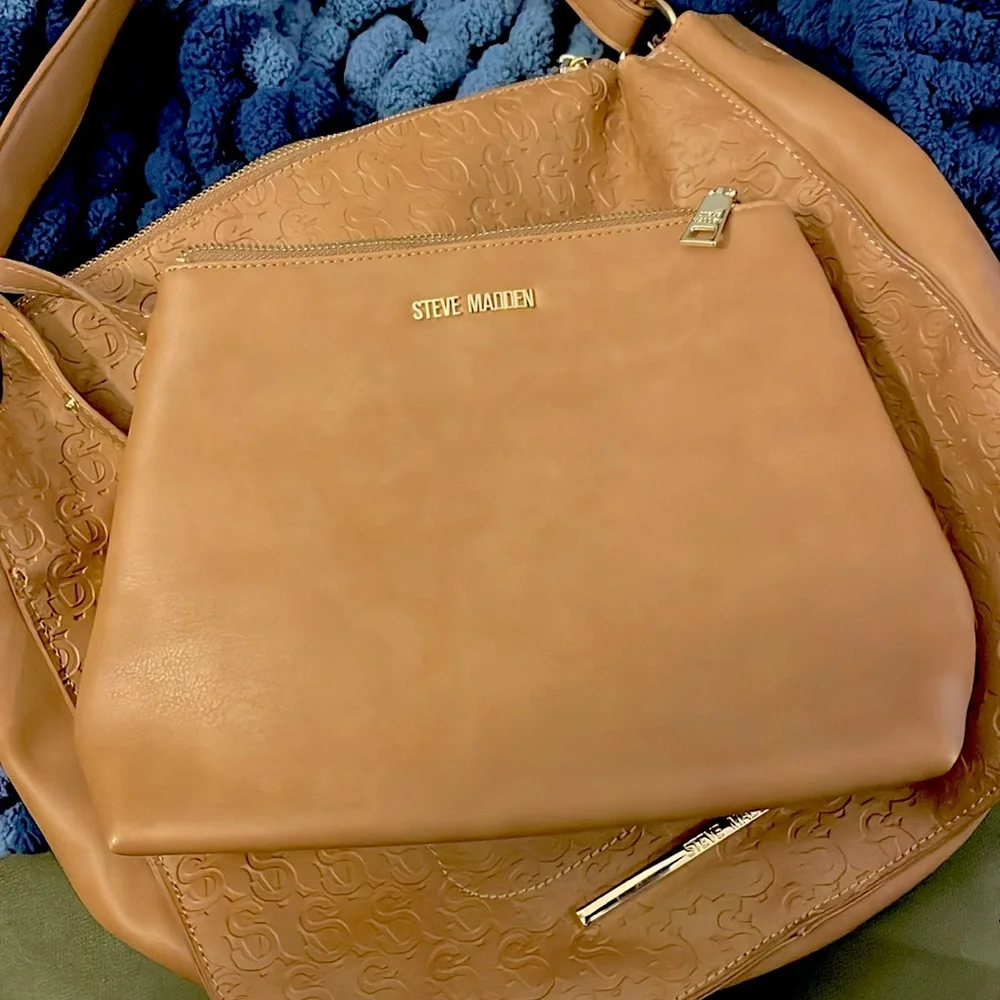 Steve Madden Bags x 3: one Light Brown Shoulder Tote, a Pouch & a keychain Bag